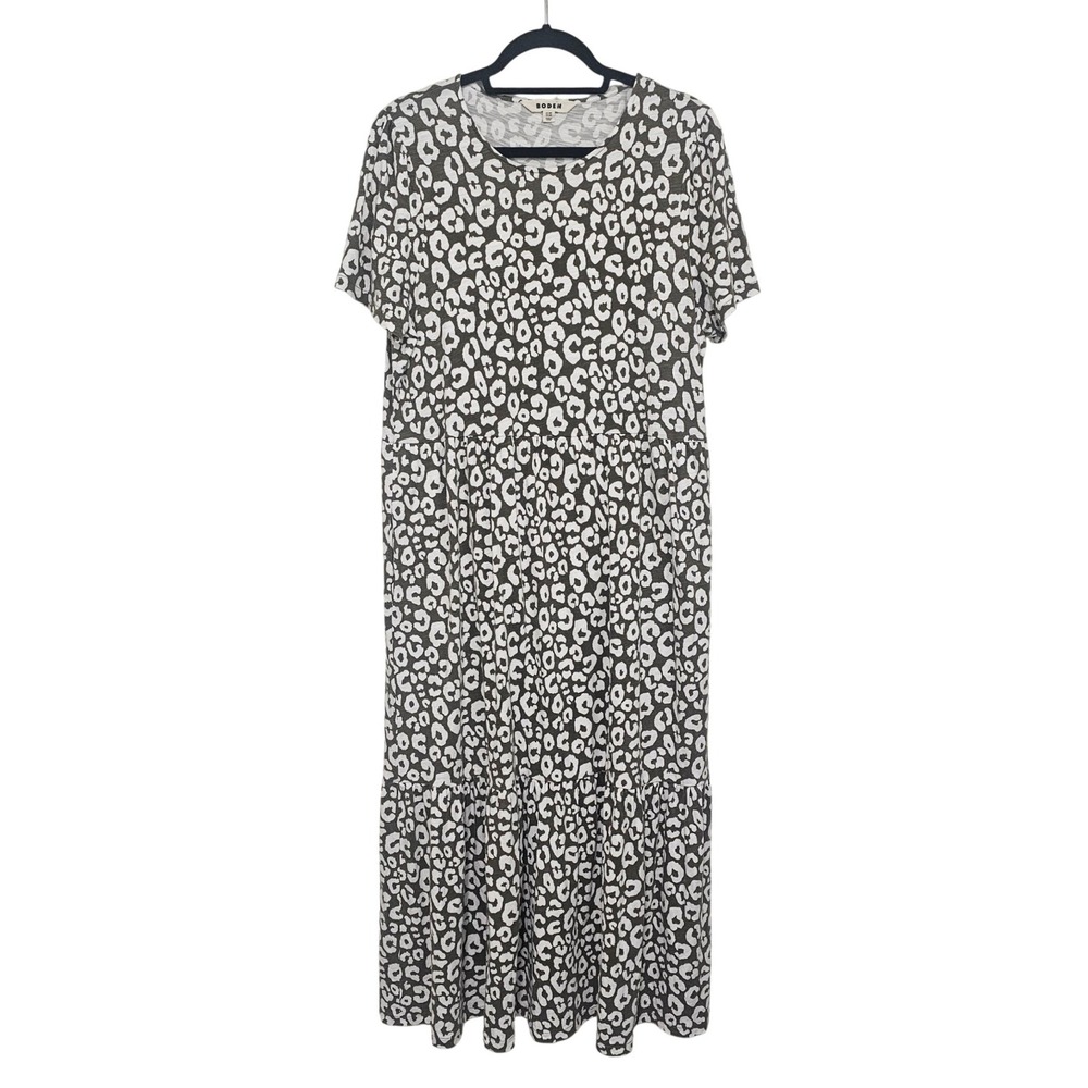 Boden Leopard Print Jersey Maxi Dress 14 Green Tiered Short Sleeve Causal Boho
